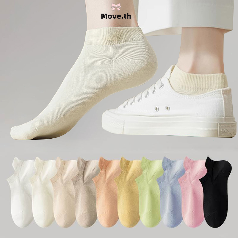 ในไทย-พร้อมส่ง✨ถุงเท้าสั้นกีฬา สีพื้น สไตล์กีฬา ผู้ชายและผู้หญิง บางBreathable ความยืดหยุ่นสูง-Move