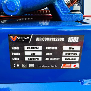 VERGIN ปั๊มลม ถังลม ขนาด 150 ลิตร มอเตอร์ 3 แรงม้า 2 สูบ ขนาดกระบอกสูบ 65mm มอเตอร์ทองแดงแท้ ทนทาน พร้อมอุปกรณ์ 6 อย่าง