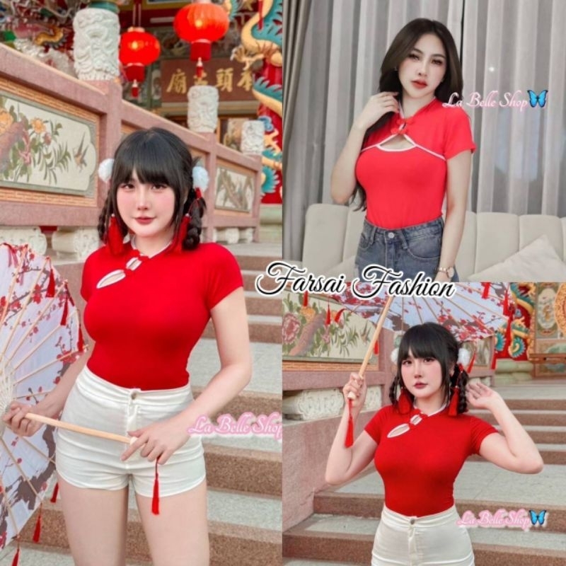 บอดี้สูทตรุษจีนสีแดง เนื้อผ้าเรย่อน พร้อมส่ง 2 แบบ