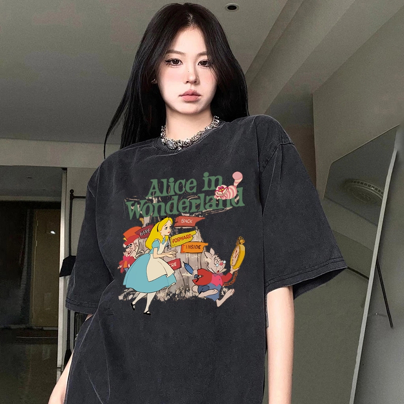 Top.street เสื้อยืด oversize 'Alice' ภาพเคลื่อนไหว แขนสั้น cotton 100% t shirt ใส่สบาย แฟชั่น เสื้อฟอก สีดำ สไตล์เกาหลี