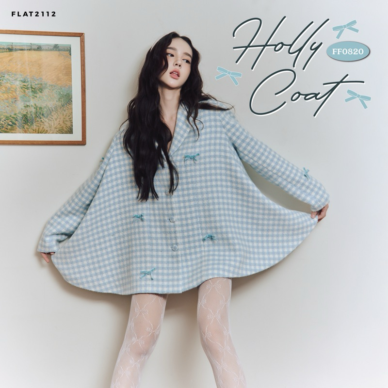 FLAT2112 FF0820 : HOLLY COAT เสื้อโค้ทลายตาราง แต่งโบว์รอบตัว กระดุมหน้า กันหนาว