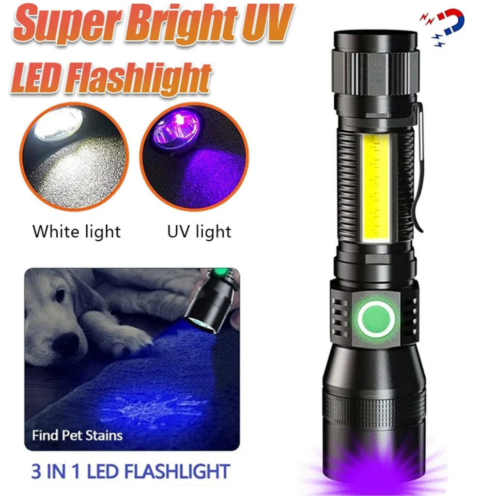 3 IN 1 ไฟฉาย มัลติฟังก์ชั่น LED แสงสว่างสีขาว+แสง UV สีม่วง+COB ด้านข้าง โหมดไฟฉุกเฉิน ปรับซูม ท้ายแม่เหล็ก ชาร์จType-C