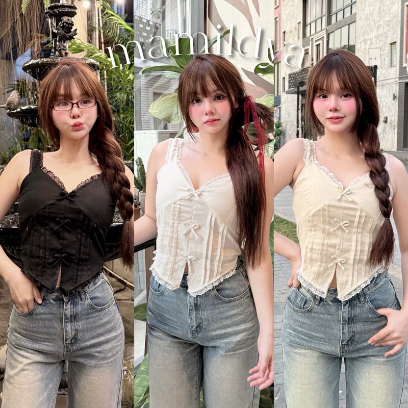 🌟Mamildya.shop🌟 เสื้อกล้ามผ้าลินินแท้ แต่งลูกไม้และโบว์/ N2-5/NUSA-กล้าม3