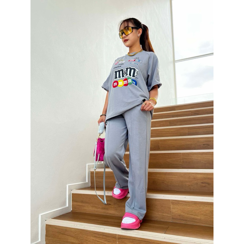 พร้อมส่ง ชุดเซ็ท สองชิ้น M&M สีเทา 005