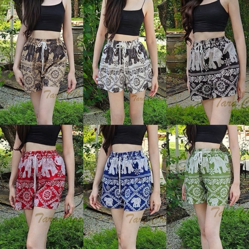 COM005 TARA Pants กางเกงช้าง ขาสั้น เอวยางยืด มีสายรูดใช้งานได้จริง ผ้าไหมอิตาลี ไม่ขาดง่าย ใส่สบาย ลายช้างไม่กลับหัว
