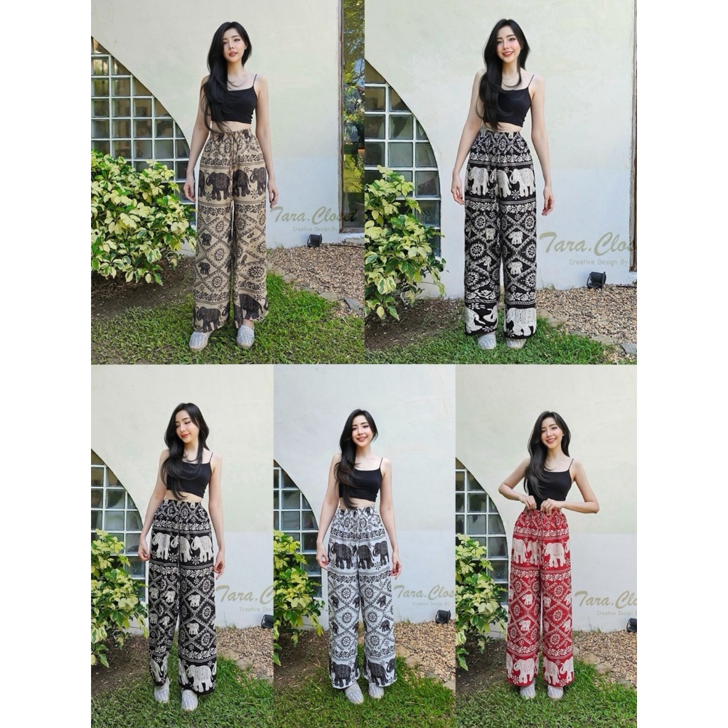 COM505 TARA Pants กางเกงช้าง เอวยางยืด ทรงขากระบอกใหญ่ เนื้อผ้าไหมอิตาลีพิมพ์ลาย ผ้าดี ผ้าเบาใส่สบาย ช้างไม่กลับหัว