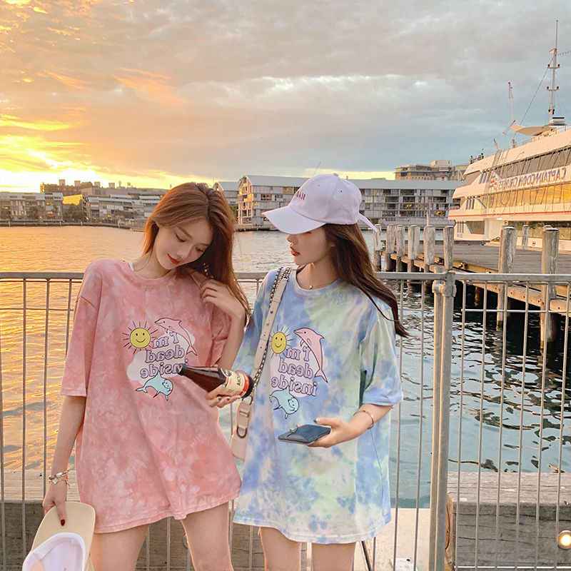 เสื้อยืดเเขนสั้น เสื้อยืดมัดย้อม เวอร์ชั่นเกาหลี ทรงหลวม ลายปลาวาฬ สาวอวบใส่ได้ #1502281