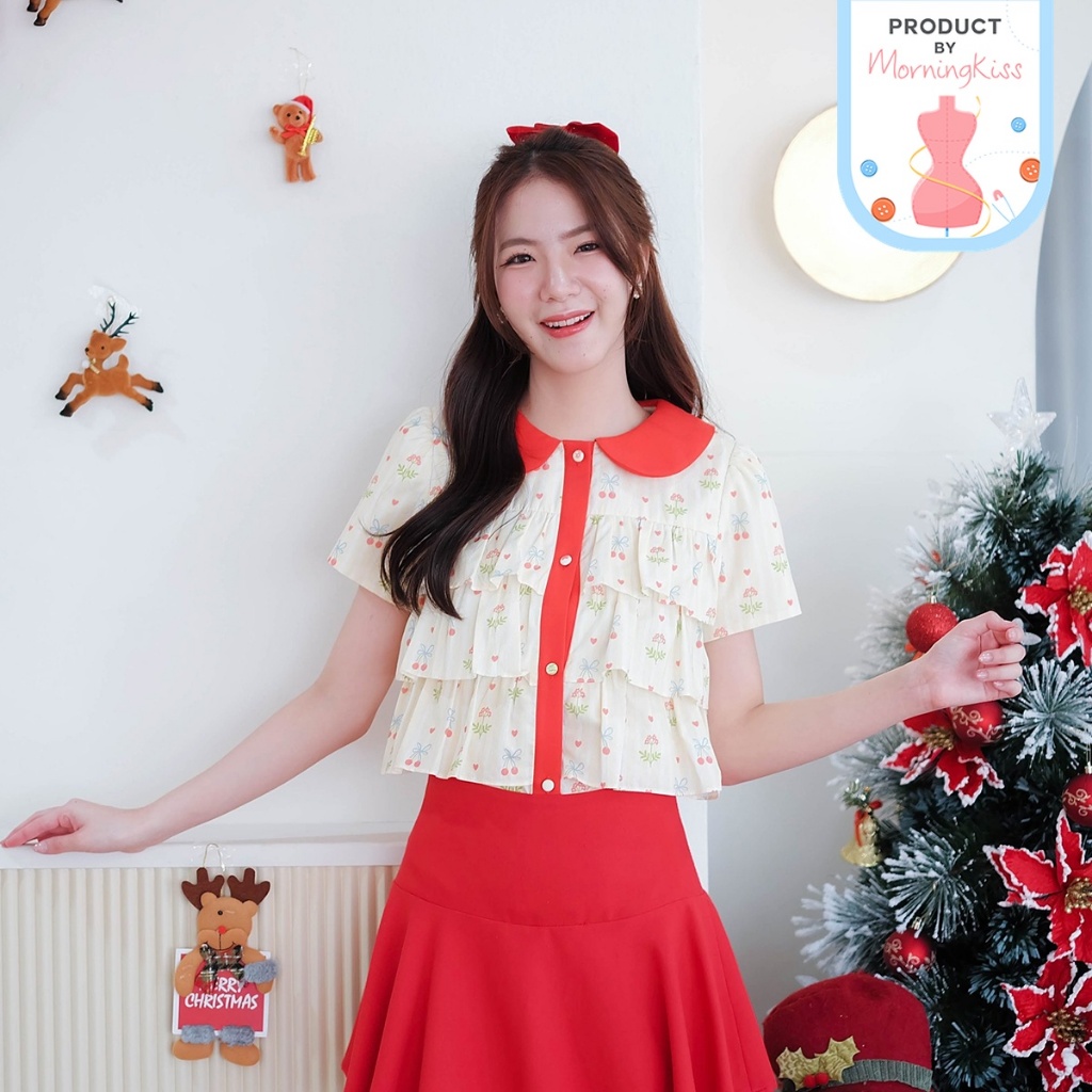 03-334 เสื้อระบายโทนสีเหลือง งานปริ้นลายดอก La Ribbon Labai Blouse - 5 ไซส์