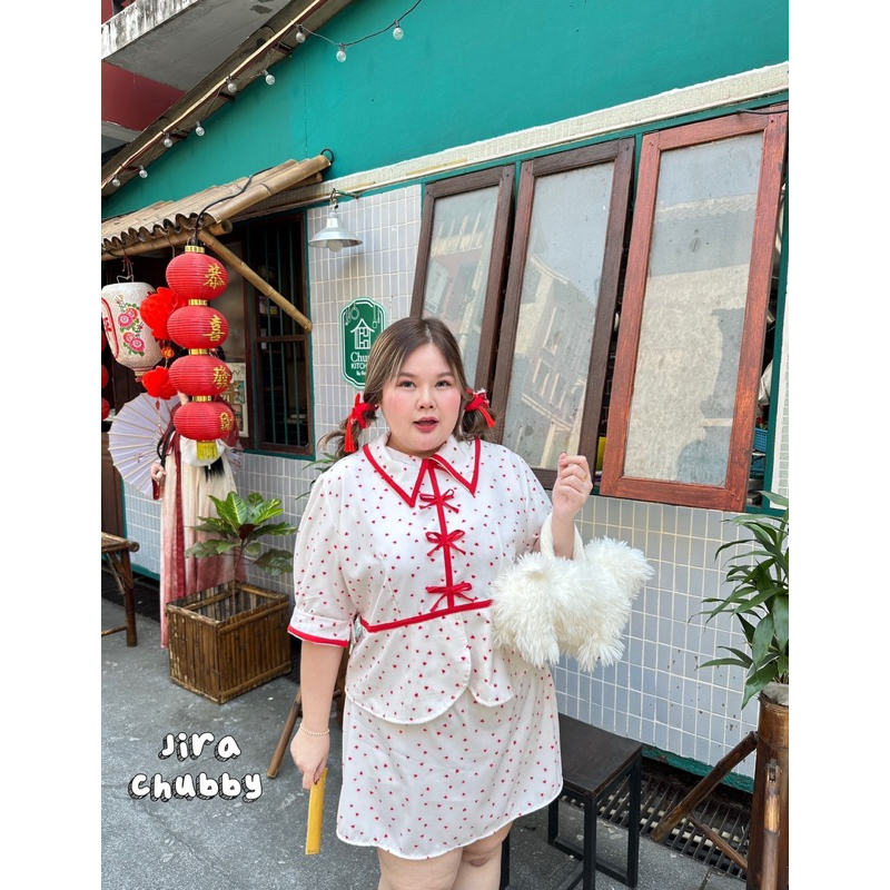 XinYi Set♥️🧧🪭ชุดเซทตรุษจีนสาวอวบซินอี๋ลายหัวใจ สาวอวบไซส์ใหญ่ (อก-50) - รูปที่ 3