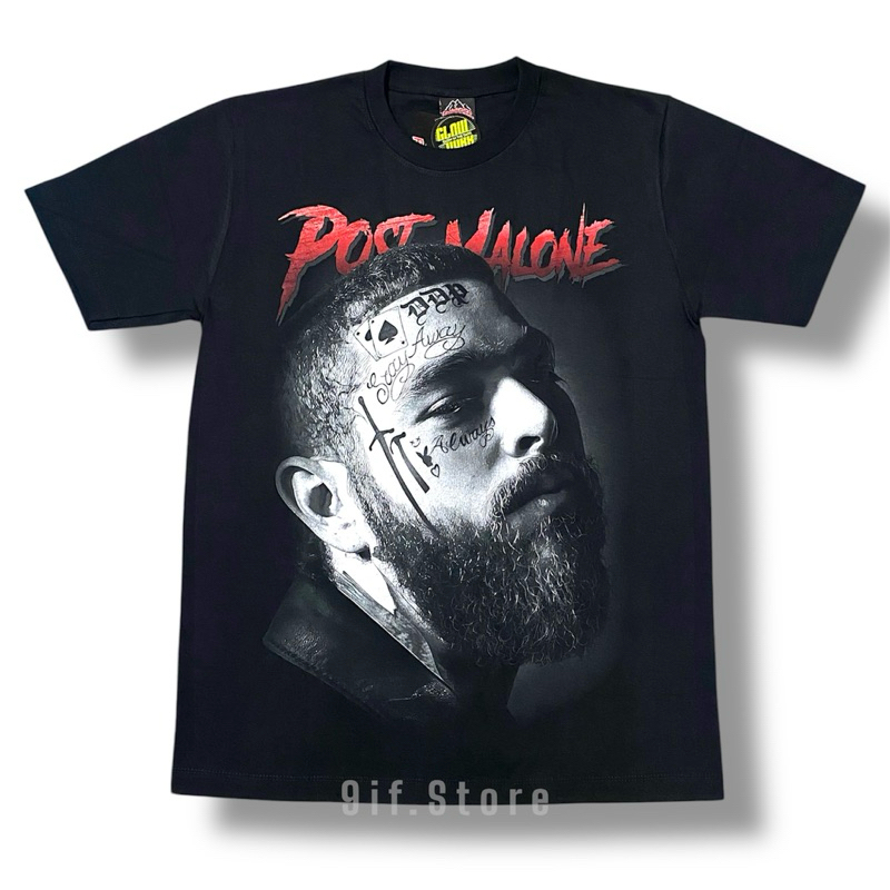 เสื้อยืดผ้าฟอก ผ้าดำ POST MALONEฟอนต์แดง(สกรีนเรืองแสง)ป้ายRockTees คอตตอน100