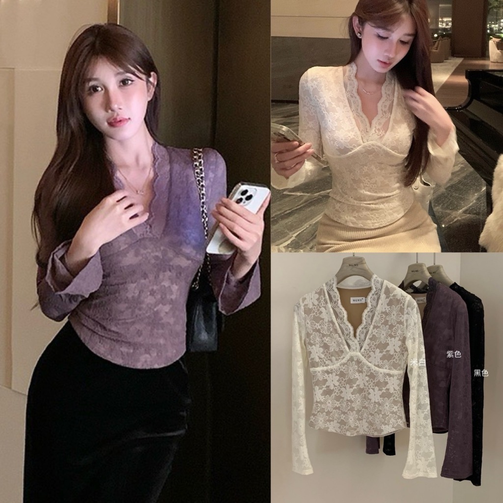 W3338 เสื้อแขนยาว แต่งผ้าลูกไม้ ทรงเกาหลี ทรงน่ารัก แฟชั่นเกาหลี TAG WG.WE