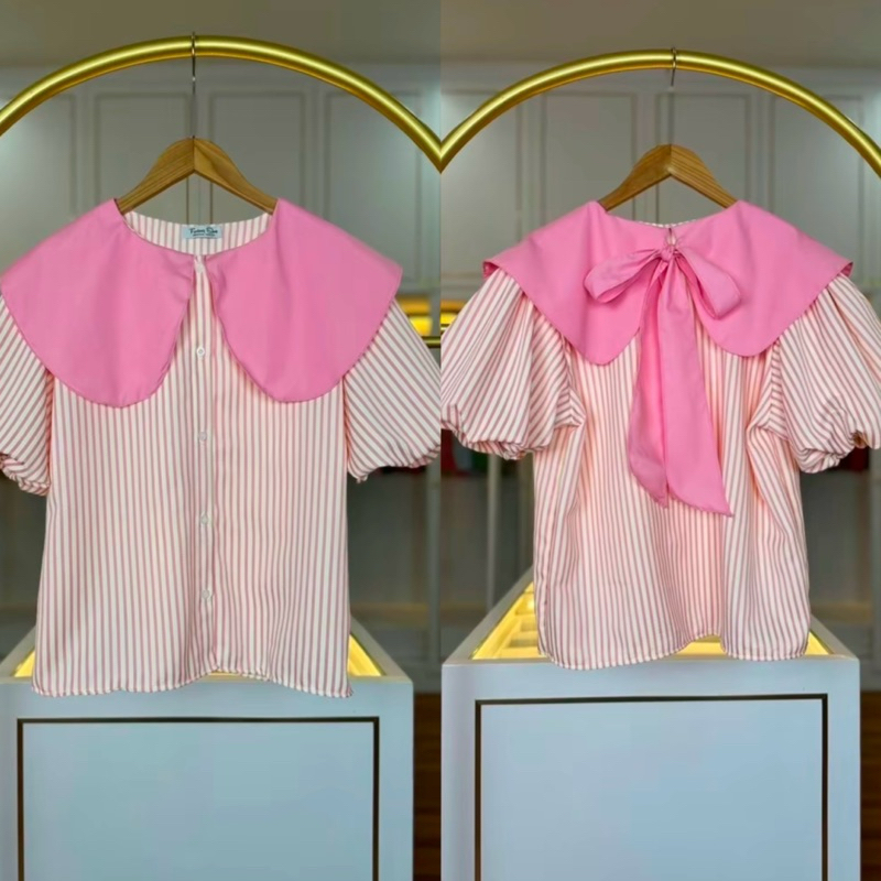 เสื้อเชิ้ตแขนฟักทอง (ผูกโบว์ปกหลัง) กระดุมหน้า