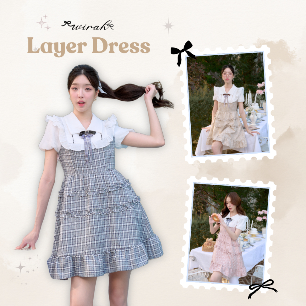 Layer Dress : MD18 ชุดเดรส ผ้าทวิสทอลายสก๊อต แต่งช่วงบนเป็นชีฟองอัดพลีส คอปกบัวแหลม