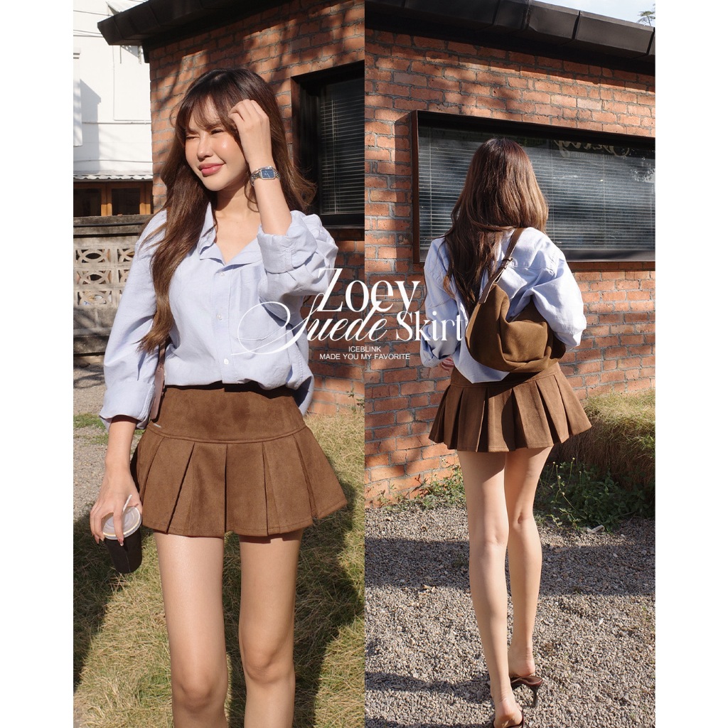 ICEBLINK l Zoey Suede skirt กระโปรงพลีทสีน้ำตาล ผ้าหนังกลับ
