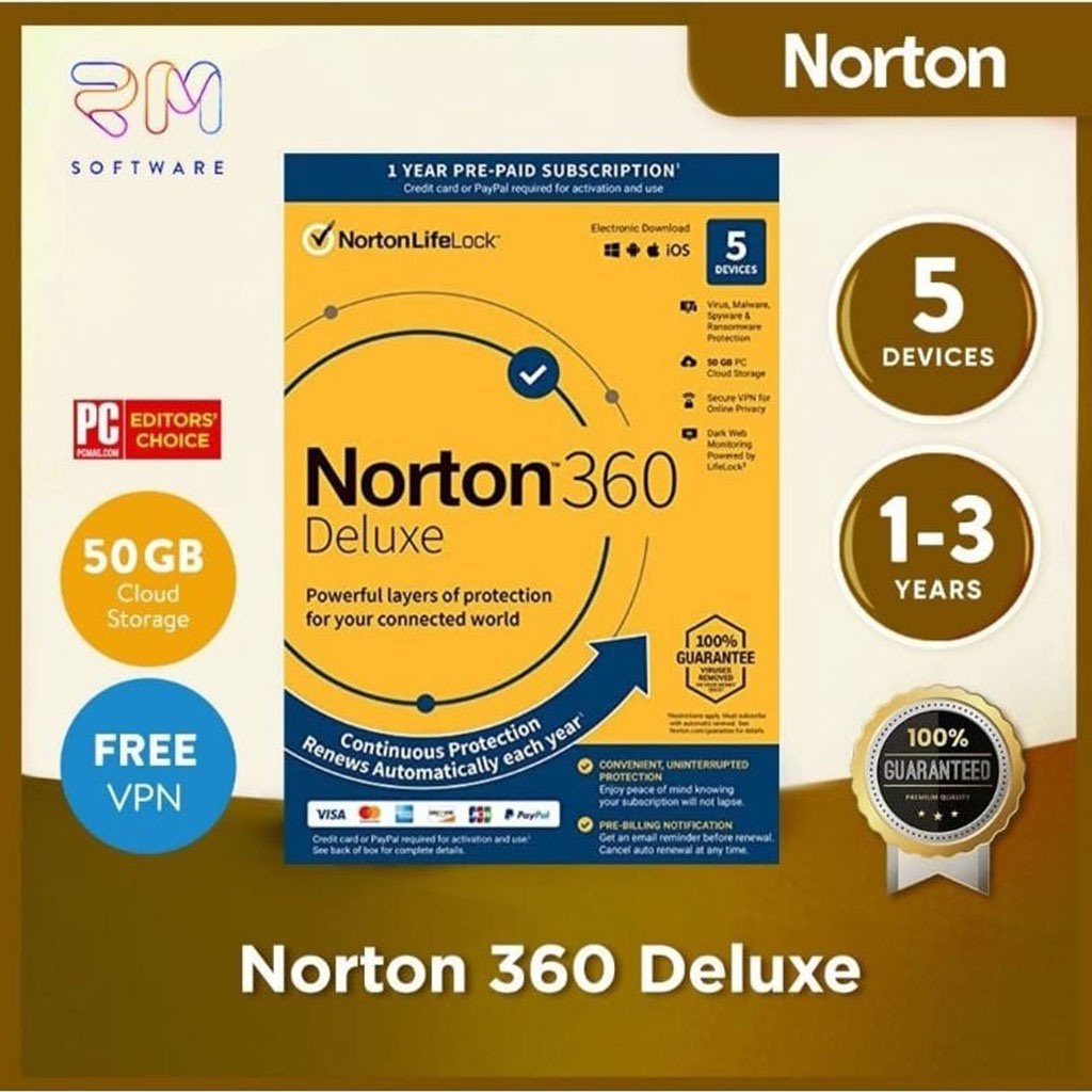 Norton 360 Deluxe Original Antivirus 5 PC Device 1 to 3 Year | Include VPN and  50GB CLOUD BACKUP