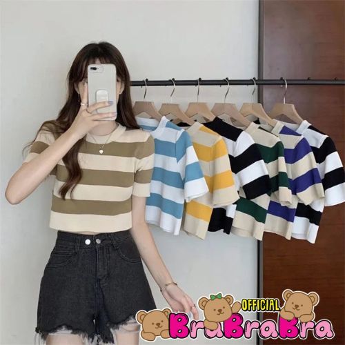 [ส่งจากไทย] 𝑩𝒓𝒂𝑩𝒓𝒂𝑩𝒓𝒂 #f-170 เสื้อยืดผ้าไหมพรม เสื้อยืดแขนสั้น สไตล์เกาหลี