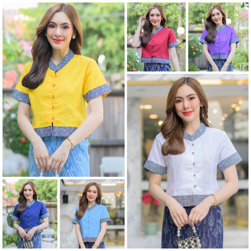 เสื้อพื้นเมืองผู้หญิง แต่งผ้าลายแขนสั้น