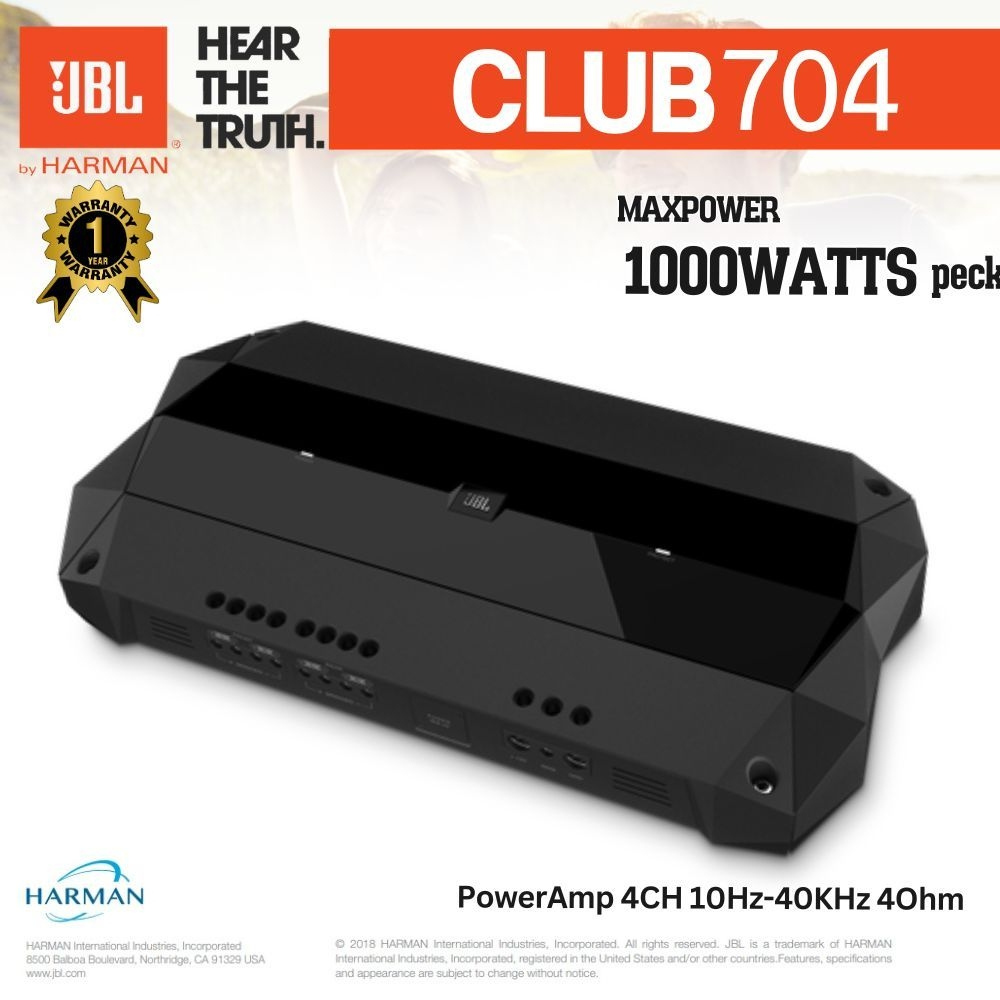 JBL CLUB 704 เครื่องขยายเสียงรถยนต์ 4 แชนแนล กำลังขับ 70 วัตต์/ช่อง สีเทา