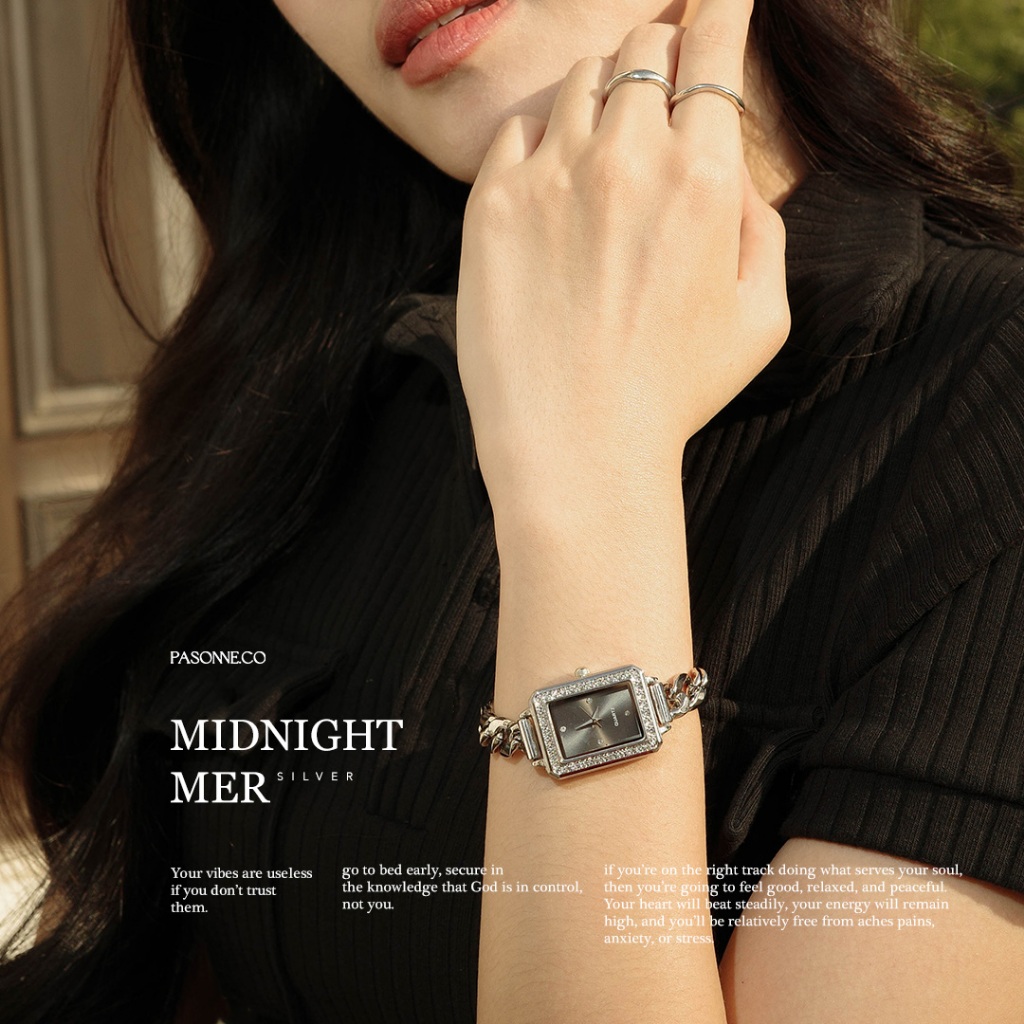 pasonne.co นาฬิกาข้อมือ รุ่น midnightmer ทรงสีเหลี่ยมผืนผ้าสีเงิน