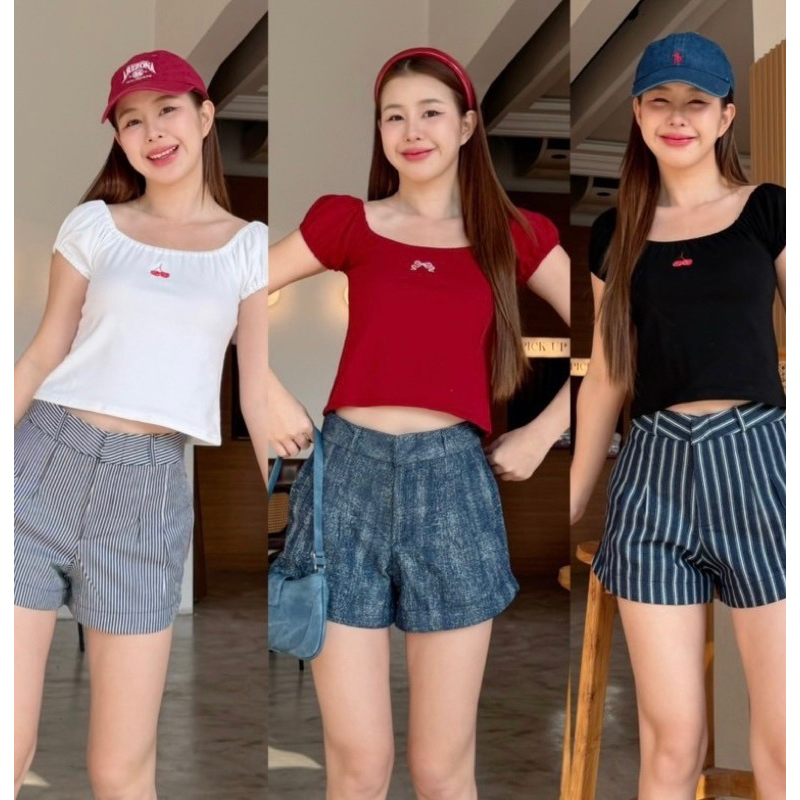 Pudding Top เสื้อเปิดไหล่แขนตุ๊กตา ผ้ายูนิ (ใส่ได้2แบบ)🔥พร้อมส่ง