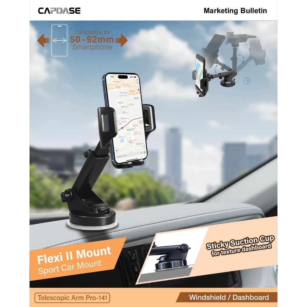 CAPDASE FLEXI II Sport Car Mount / รุ่น Telescopic Arm Pro-141 / ขาจับโทรศัพท์ในรถแบบหนีบ (รุ่นอัพเกรด)