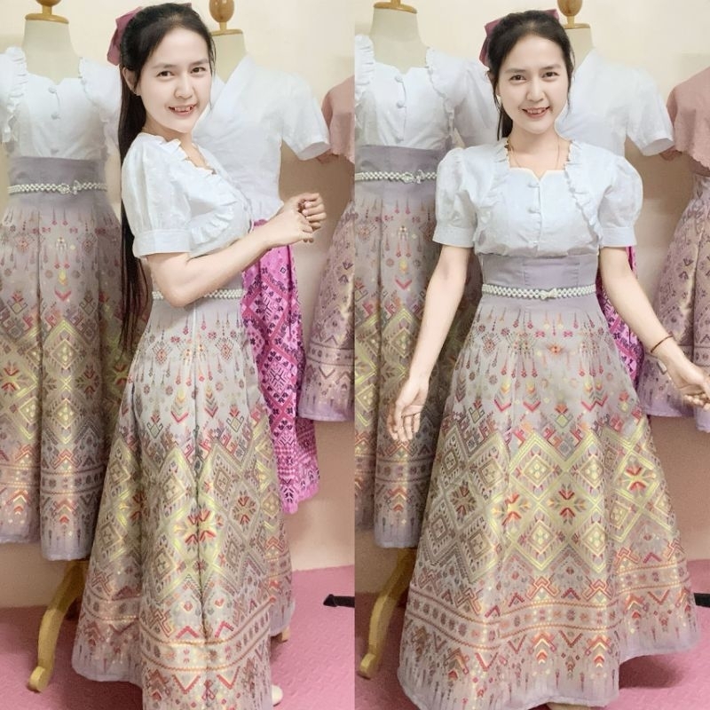 กระโปรงผ้าไหมแกมฝ้ายอัดกาว ทรงย้วยยาว36นิ้วเอวสูงปรี๊ด
