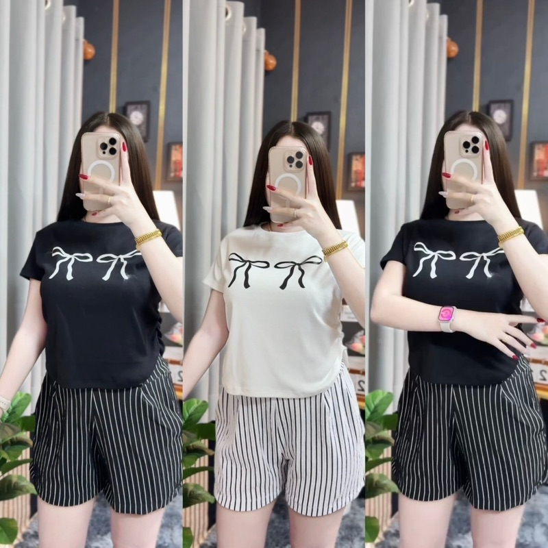 ชุดเซ็ต2ชิ้นลายโบว์ งาน2ชิ้น กางเกงลายทางมีกระเป๋าข้าง