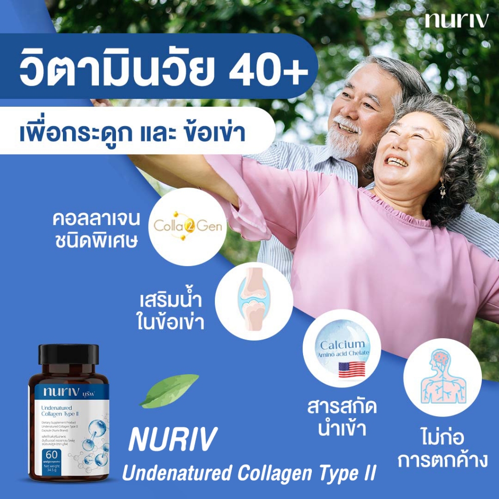 Nuriv Undenatured collagen type II คอลลาเจนกระดูก ปวดข้อปวดเข่า 220 mg 60 แคปซูล