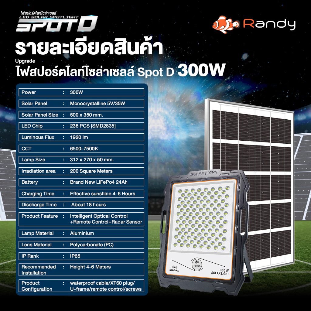 🔥สปอร์ตไลท์รุ่นดีที่สุด ฝนตกชาร์จได้ Randy Solar Light รุ่น Sport D กันน้ำ