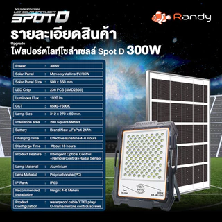 สปอร์ตไลท์รุ่นดีที่สุด ฝนตกชาร์จได้ Randy Solar Light รุ่น Sport D กันน้ำ