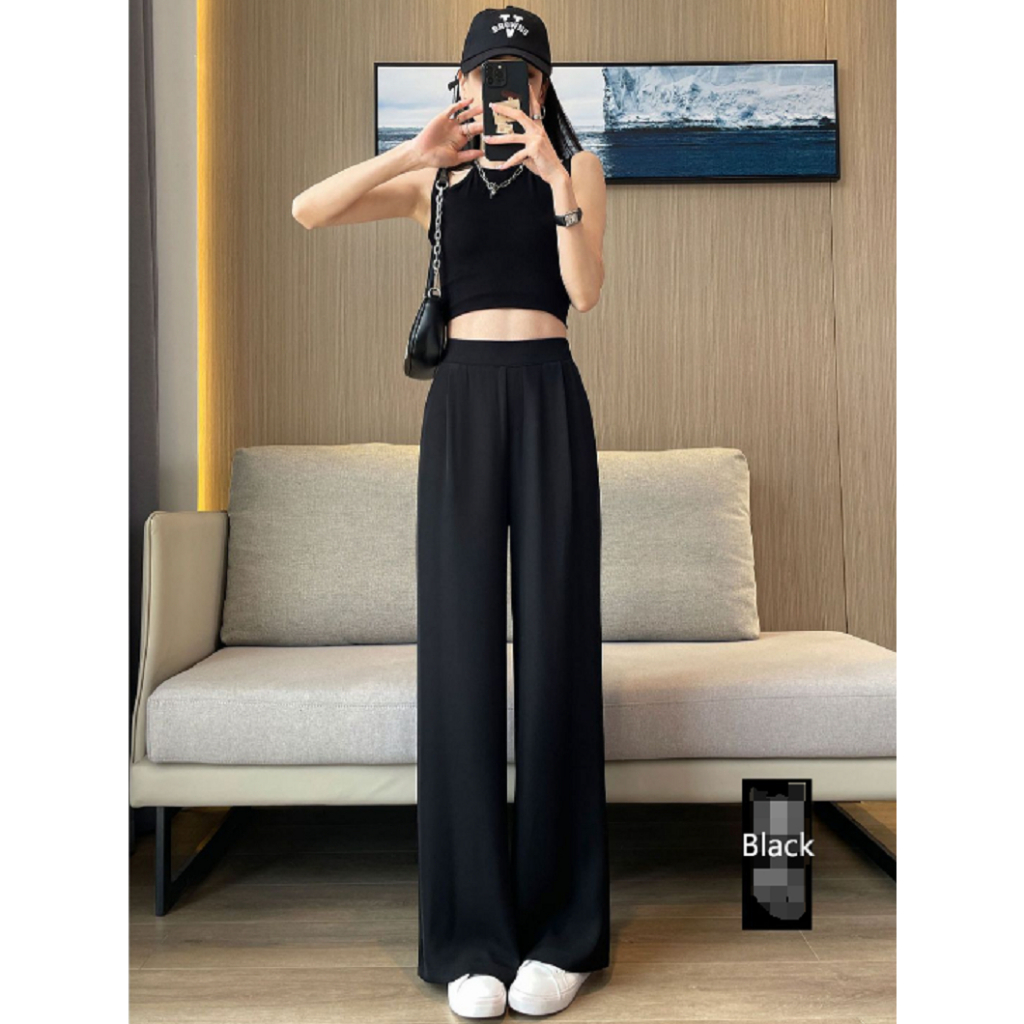 Women pants black high waist กางเกงสบายๆ กางเกงลาย เคาน์เตอร์ fashion เอวสูง casual loose กางเกว