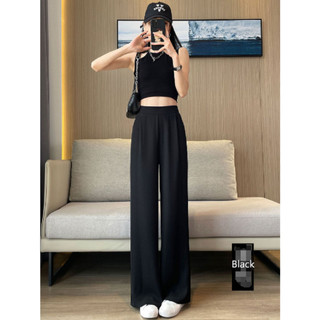 Women pants black high waist กางเกงสบายๆ กางเกงลาย เคาน์เตอร์ fashion เอวสูง casual loose กางเกว