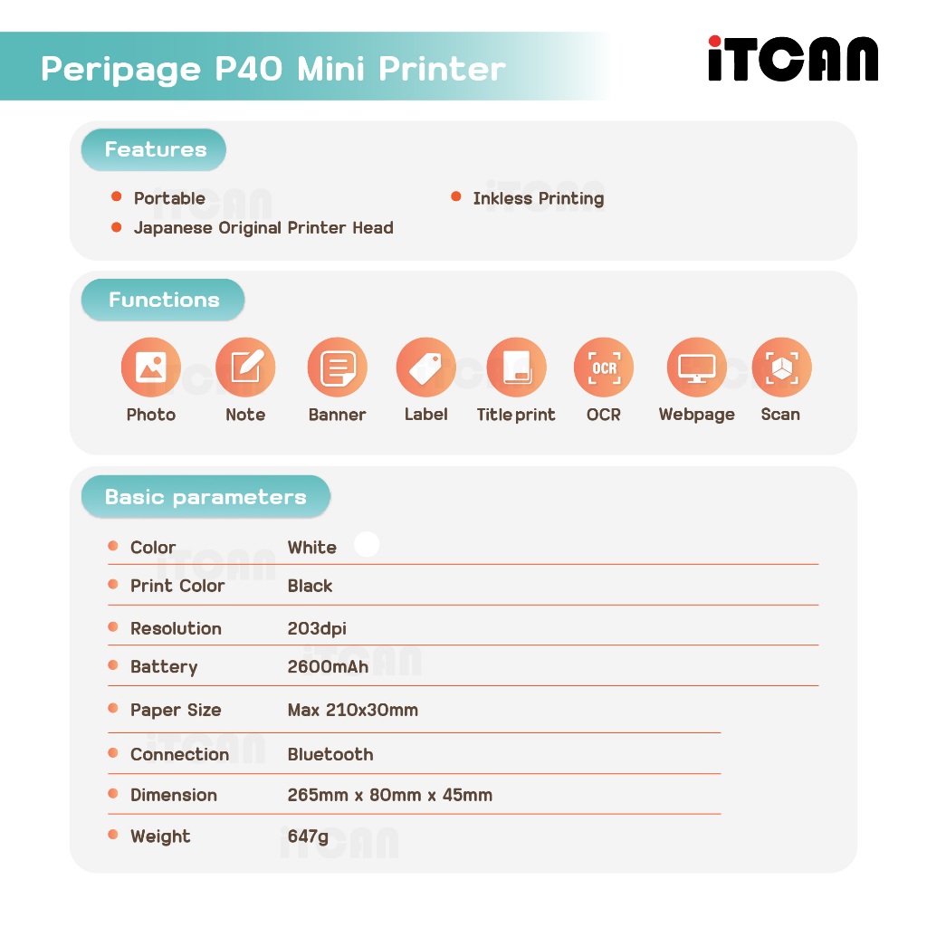 iTCAN เครื่องปริ้นความร้อนแบบพกพา Peripage P40 เครื่องพิมพ์ความร้อนA4 ปริ้นสติกเกอร์ Thermal Printer