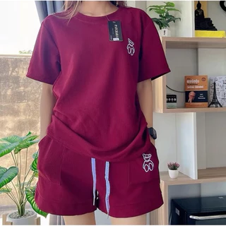 รหัส T-X4P ชุดเซ็ต2ชิ้น เสื้อ+กางเกงขาสั้น ผ้าวาฟเฟิล ปักหมี ใส่สบาย