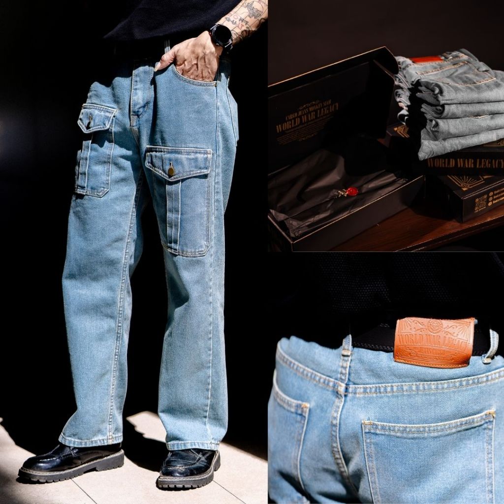 Monkey Siam | Jeans Cargo World War Legacy - กางเกงยีนส์ทรงคาร์โก้ สไตล์อเมริกันย้อนยุค เอว 32-38 นิ