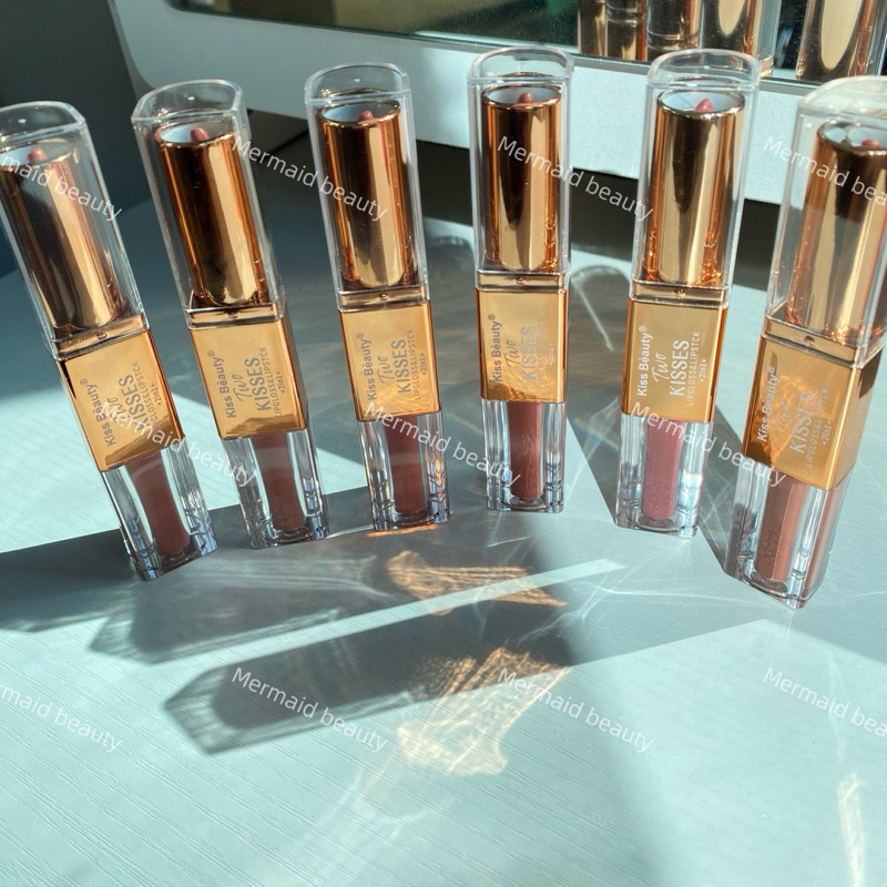 🔴ของแท้✨ลิปสายฝอ 2in1 ปากฉ่ำ โทนน้ำตาล เนื้อแมทต์ ครีมมี่ ลิป2หัว lip kiss beauty 3.6G
