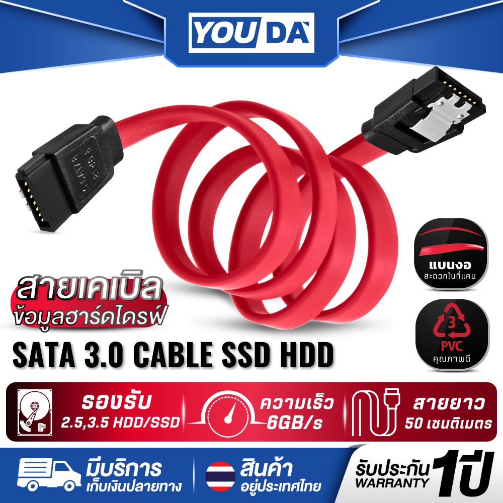 YOUDA สาย SATA 3.0 6Gbps รับประกัน 1ปี ของแท้ ใช้ทองแดงแท้ YD-SD201 สาย SATA สายถ่ายโอนข้อมูลความเร็วสูง SATA III Cable