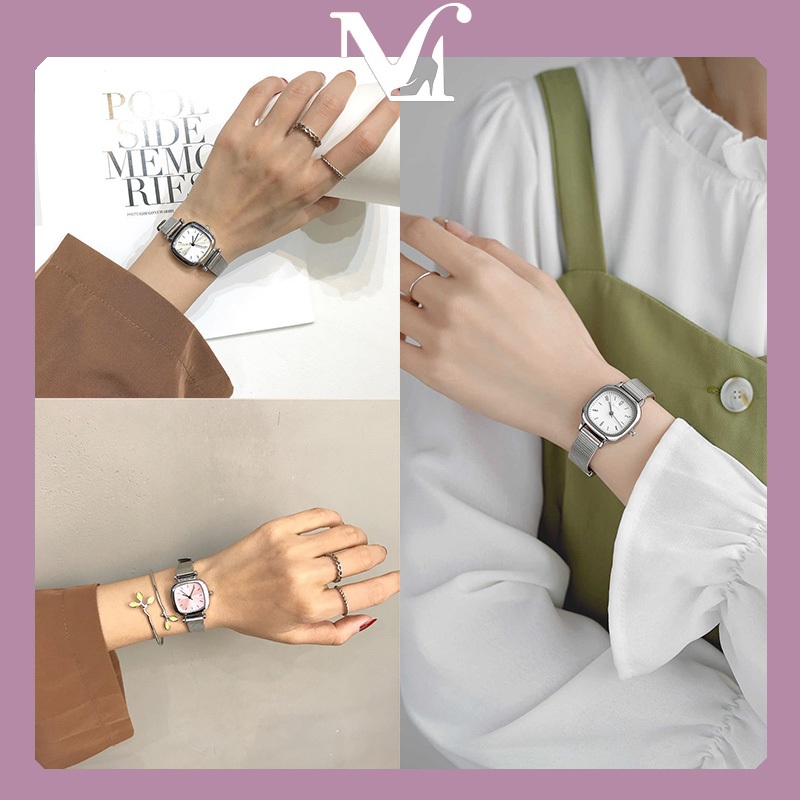 นาฬิกาแฟชั่นสไตล์เกาหลี การออกแบบทรงสี่เหลี่ยม สายนาฬิกาแบบโลหะ คุณภาพสูง เทรนด์สไตล์เกาหลี บางเบาหรูหราแบบเกาหลี