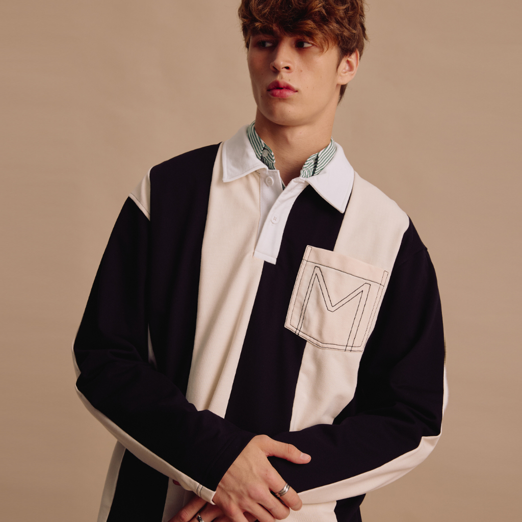 [MOO 1/25] Preppy Rugby Shirt เสื้อรักบี้ผู้ชายแขนยาว ผ้าเจอร์ซี่ คอปกโปโล ตัดต่อชิ้นคอปกและกระเป๋าหน้า แต่งกระดุมหน้า