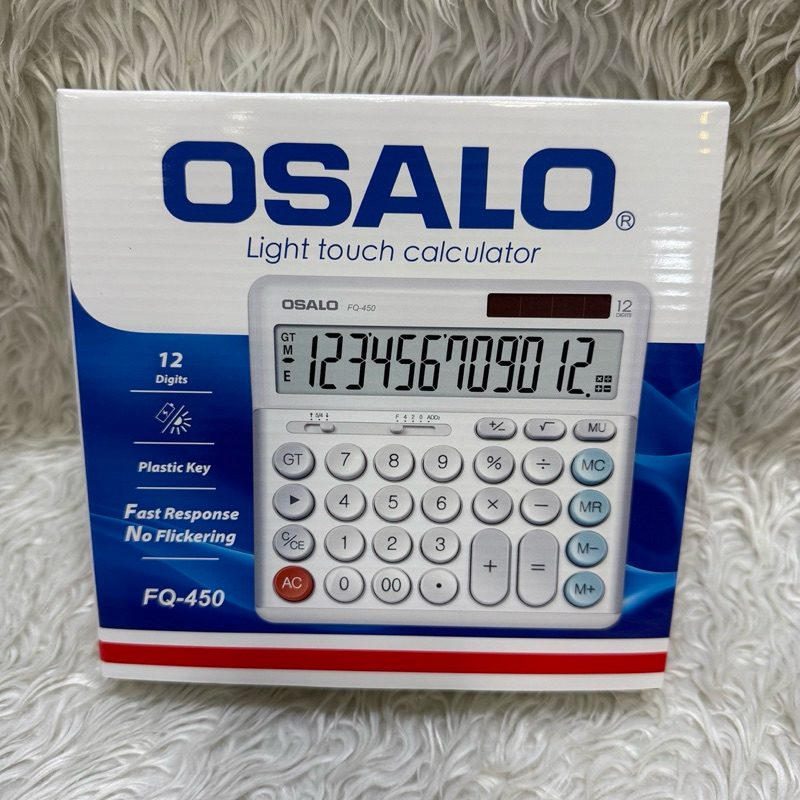 เครื่องคิดเลข OSALO FQ-450 ขนาด 17x16.5 cm. แนวนอน หน้าจอใหญ่พิเศษ ดีไซน์ สวย หรู หน้าจอ 12 หลัก ปุ่มใหญ่ กดง่าย