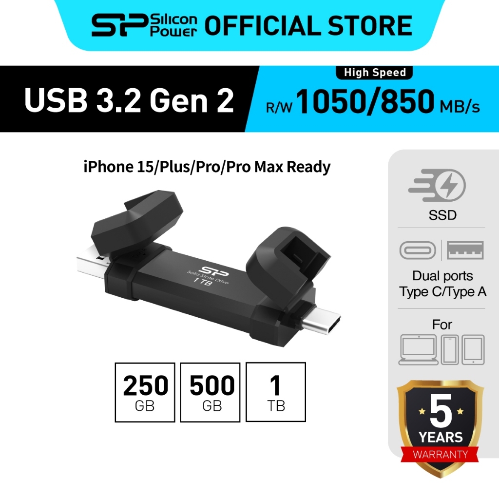 Silicon Power Portable SSD รุ่น DS72 USB 3.2 Gen 2, Type-A and Type-C , Read 1050MB/s Write 850MB/s - รับประกัน 5 ปี