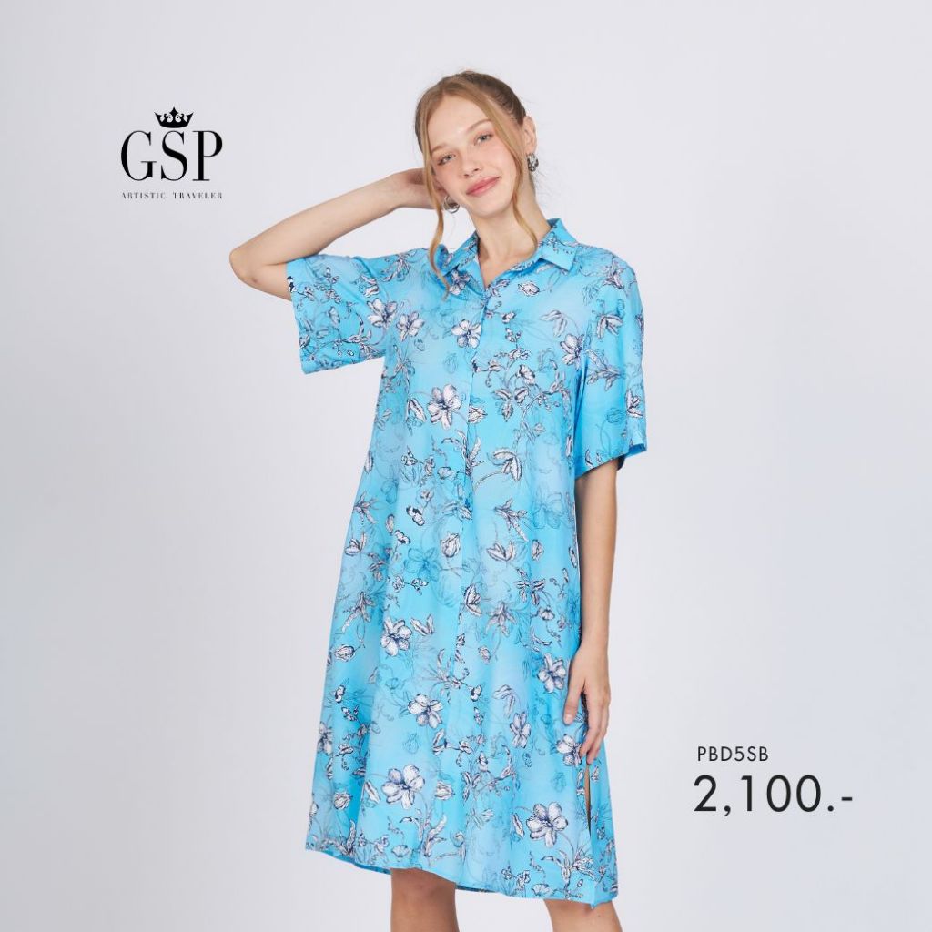 GSP เดรส Artistic flowers แขนสั้น สีฟ้า PBD5SB