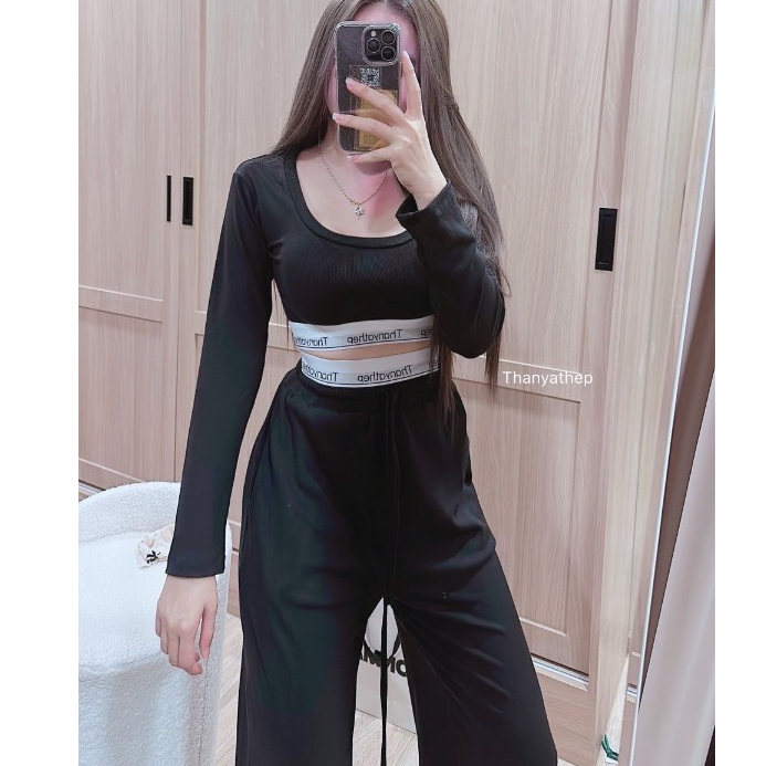 เสื้อแขนยาวคอยู แต่งขอบtyt มาคู่กางเกงขายาวขอบเอวสูง ✅️SALE ✅️