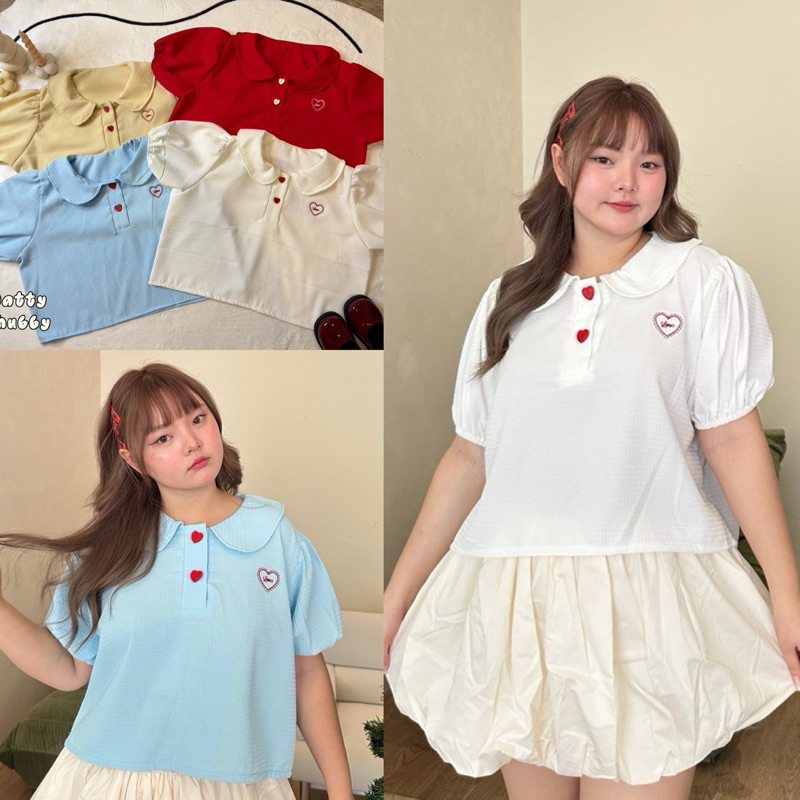 สีใหม่+เข้าเพิ่มค่า /JR/ เสื้อสาวอวบ คอบัว แขนตุ๊กตา ปักหัวใจแดง กระดุมหัวใจ #เสื้อผ้าไซส์ใหญ่ สาว อ้วน พลัสไซส์
