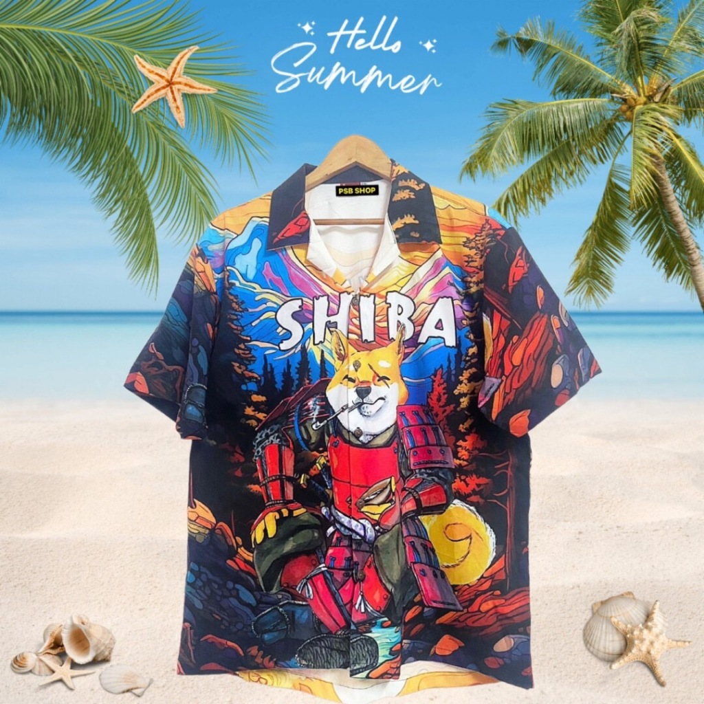 ลายหมาชิบะ M-2XL เสื้อเชิ้ตฮาวาย งานผ้าไหมอิตาลี่แท้ ต้อนรับสงกรานต์