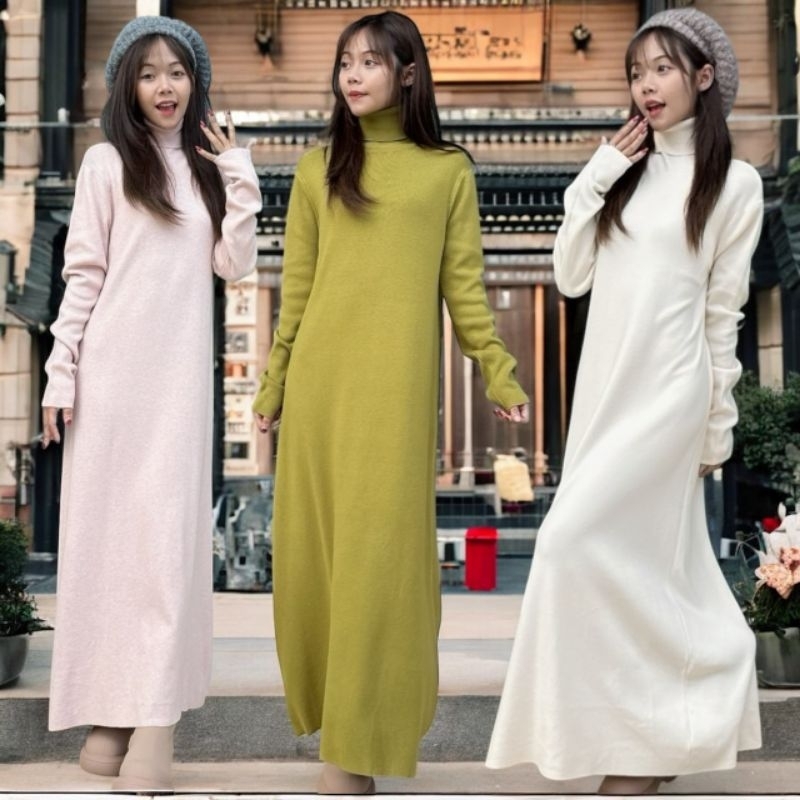 เดรสไหมพรมknittingยาวคอเต่าไม่บุขน รหัส J18เนื้อผ้านุ่ม หนาปานกลาง ใส่สบาย ผ้าทิ้งตัวสวย