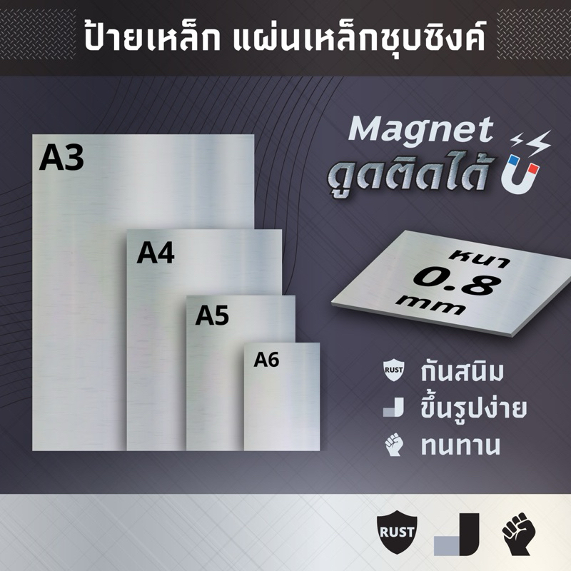 ป้ายเหล็ก DIY แผ่นเหล็กที่แม่เหล็กดูดติดได้ ซิงค์ชุปกันสนิม หนา 0.8 mm ขนาด A3 /A4 /A5/ A6