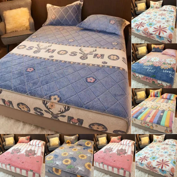 ผ้าปูที่นอน ผ้าคลุมเตียงกำมะหยี่ปะการัง ขนาด3.5ฟุต/5ฟุต/6ฟุต สูง10นิ้ว สวมใส่สบายไม่หลุดง่าย กันไรฝุ