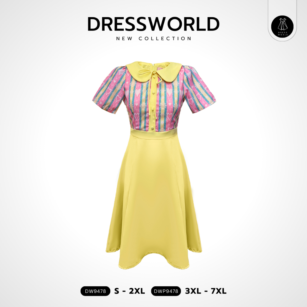 {S-7XL} 9478 งานป้าย Dress World เดรสทรงบาน คอปก ช่วงบนลายหัวใจ ต้องมีติดไว้น๊าา