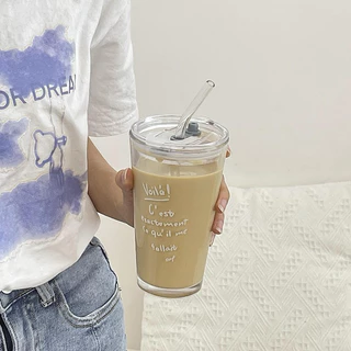 แก้วน้ำใสสไตล์ฝรั่งเศส 400ml พร้อมหลอด-rench clear tumbler with straw ถ้วยกาแฟ-มีหลอดและฝาปิด